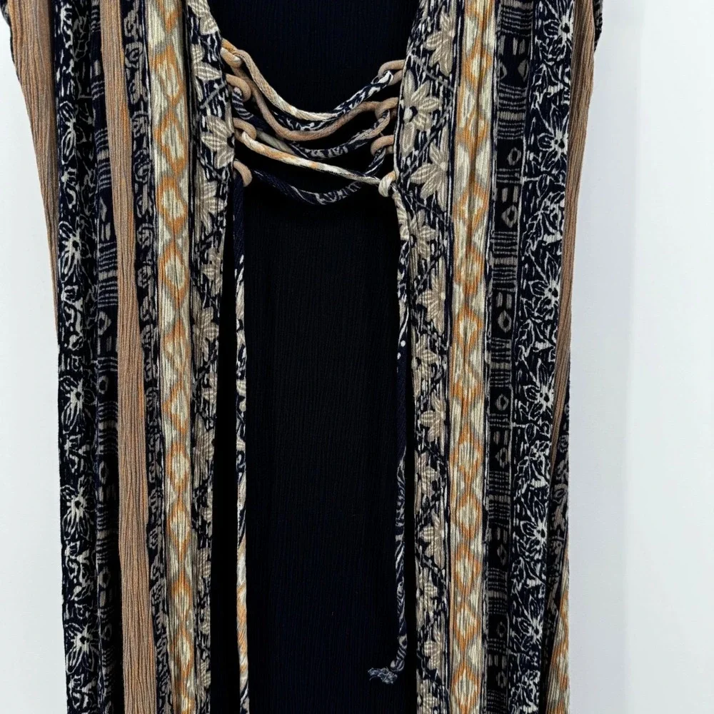 Betsy Lauren Vintage‎ Maxi Dress Womens 6 Boho Layered Lace Up Rayon Neutrals